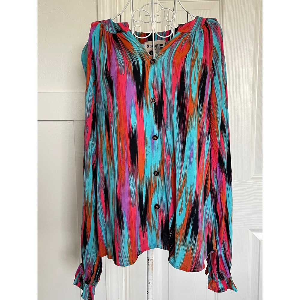 Savanna Jane Blouse Top Abstract Brushstroke Button‎ Front Maximalist M NWT